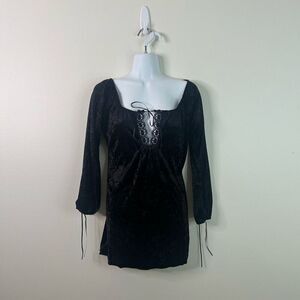 Maria Gabrielle Crushed Velvet Peasant Top S Black Lace-Up Cottagecore Goth